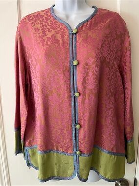 Silk Blend Button Blouse Tunic Jacket Women's Medium Pink Damask Print‎ Silky